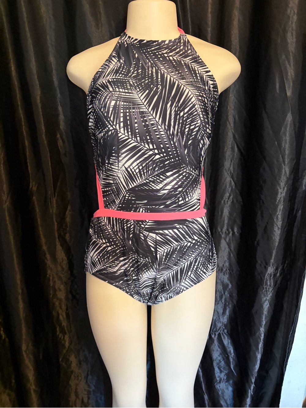 Time and Tru Black & White Palm-Print Halter One-Piece with Pink Accents